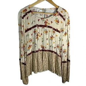 Maurices Cream Floral Blouse with Red Details